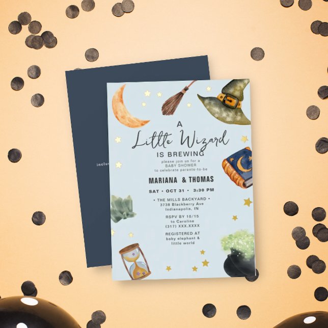 A Little Wizard Brewing Boy Halloween Baby Shower Foil Invitation (Creator Uploaded)