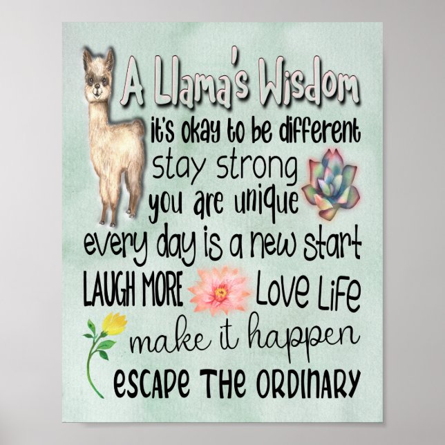 A Llama's Wisdom Motivational Quotes Poster - 8x10 (Front)