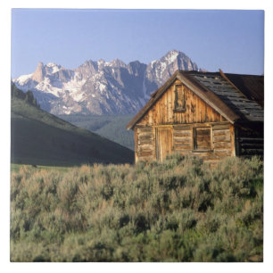 A log cabin and the Sawtooth Mountains in Ceramic Tile