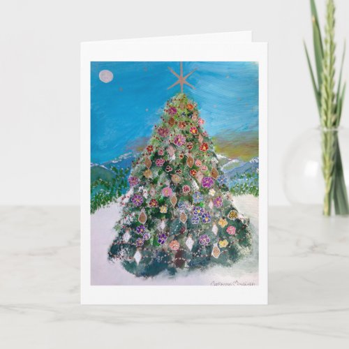 A Lone Christmas Tree Bursting with Ornaments Holiday Card