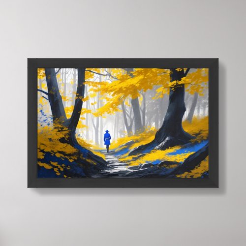 A Lone Journey Through the Yellow and Blue Forest Framed Art