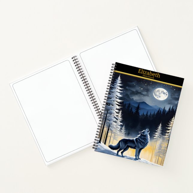 A lone wolf howling at the full moon in winter notebook (Inside)
