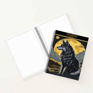 A lone wolf howls under the bright full moonlight notebook