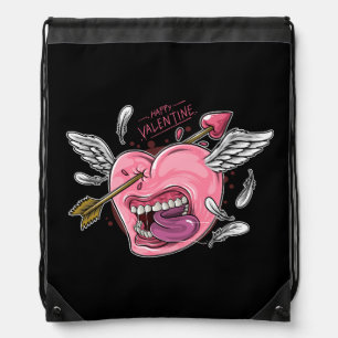 a love heart with lips and wings that are hit by l drawstring bag