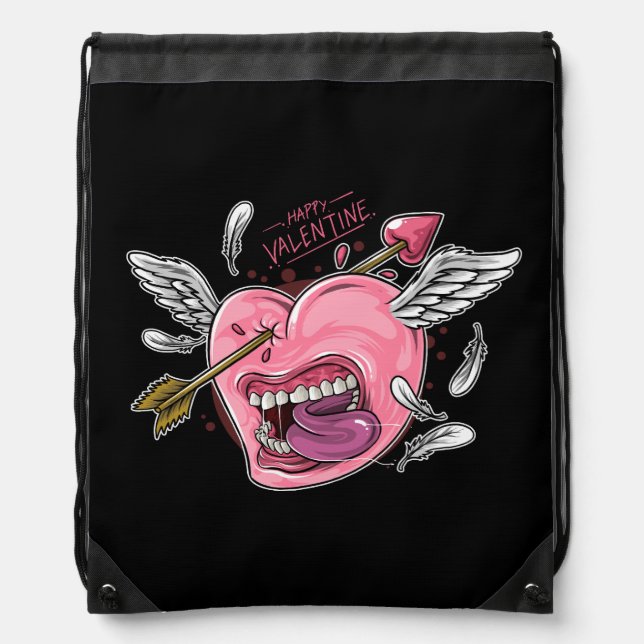 a love heart with lips and wings that are hit by l drawstring bag (Front)