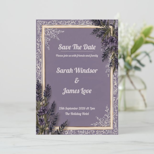 A Love in Bloom Lavender Wedding Invitation (Standing Front)