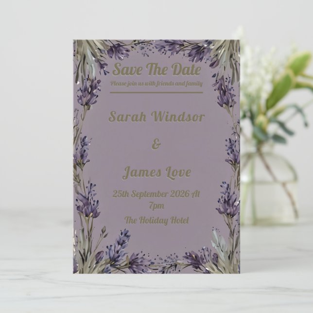 A Love in Bloom Lavender Wedding Invitation (Standing Front)