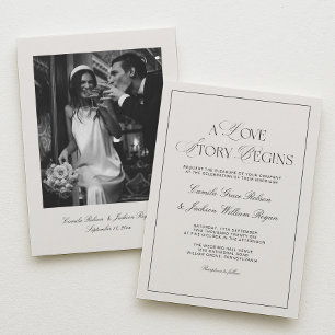 A Love Story Old Money Black and Ivory Wedding Invitation