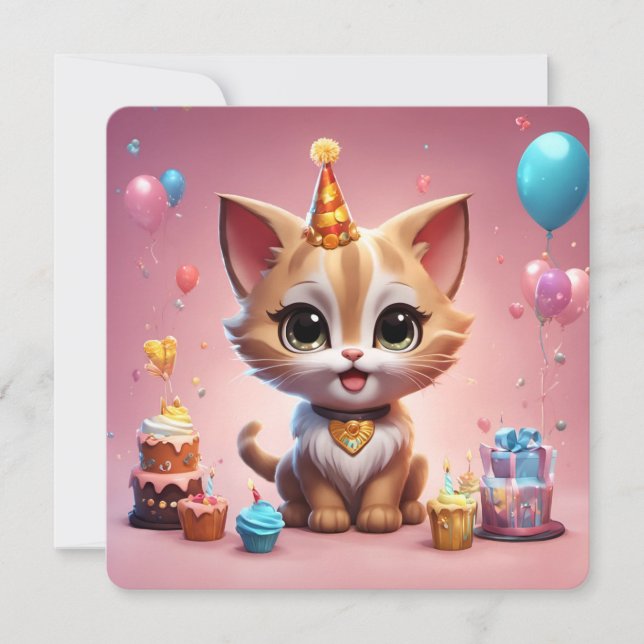 A lovely kitten celebrating his birthday invitation (Front)