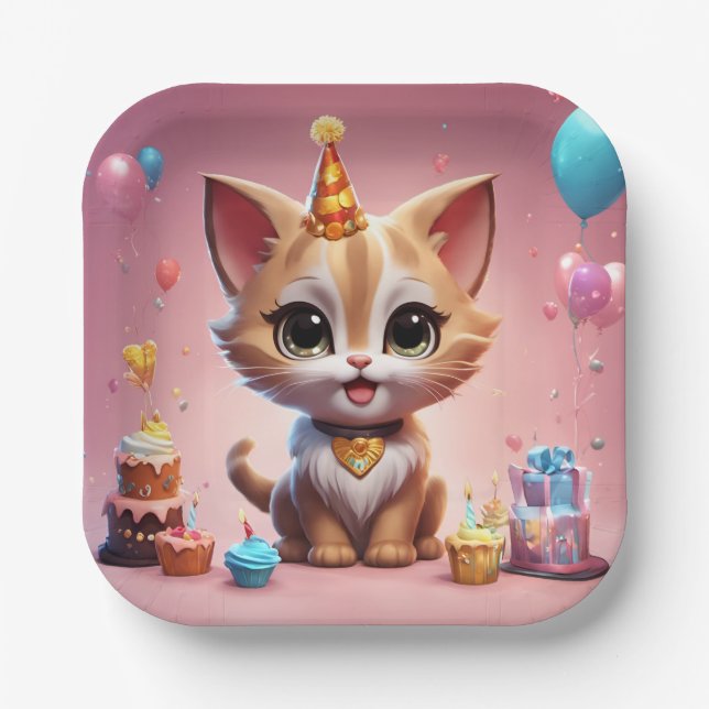 A lovely kitten celebrating his birthday paper plates (Front)