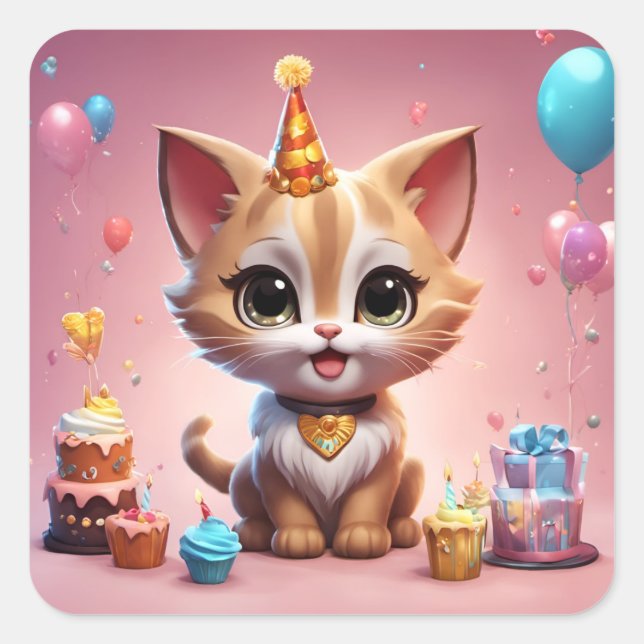 A lovely kitten celebrating his birthday square sticker (Front)