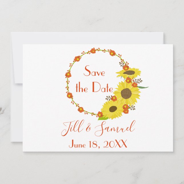 A lovely Rustic Sunflower Wreath Save The Date (Front)