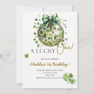 A Lucky One Cute Discoball 1st Birthday Invitation
