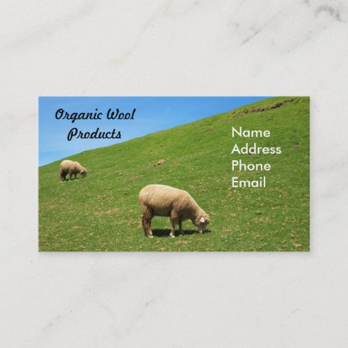 A lush green pasture with two sheep grazing business cards