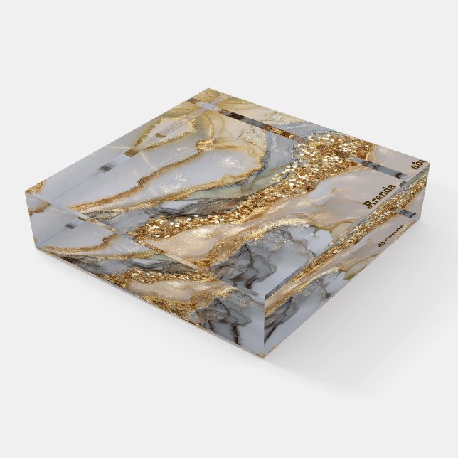 A luxurious gold and white marble background paperweight (Angled)