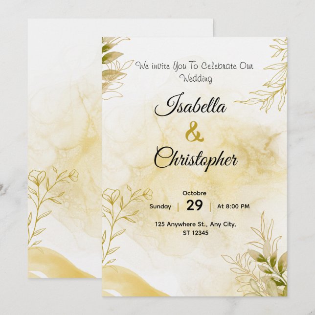 A luxurious wedding invitation in elegant gold (Front/Back)