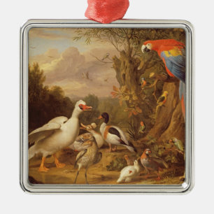A Macaw, Ducks, Parrots and Other Birds in a Lands Metal Ornament