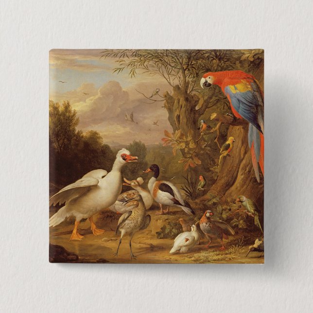 A Macaw, Ducks, Parrots and Other Birds in a Lands Pinback Button (Front)