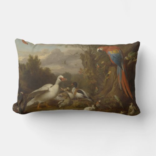 A Macaw Ducks Parrots and Other Birds in a Landsca Lumbar Pillow
