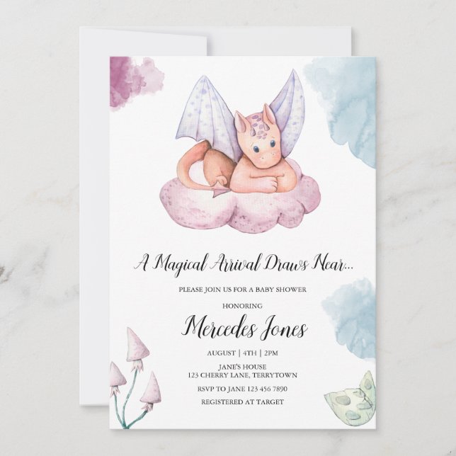 A Magical Arrival Draws Near Dragon Baby Shower Invitation (Front)