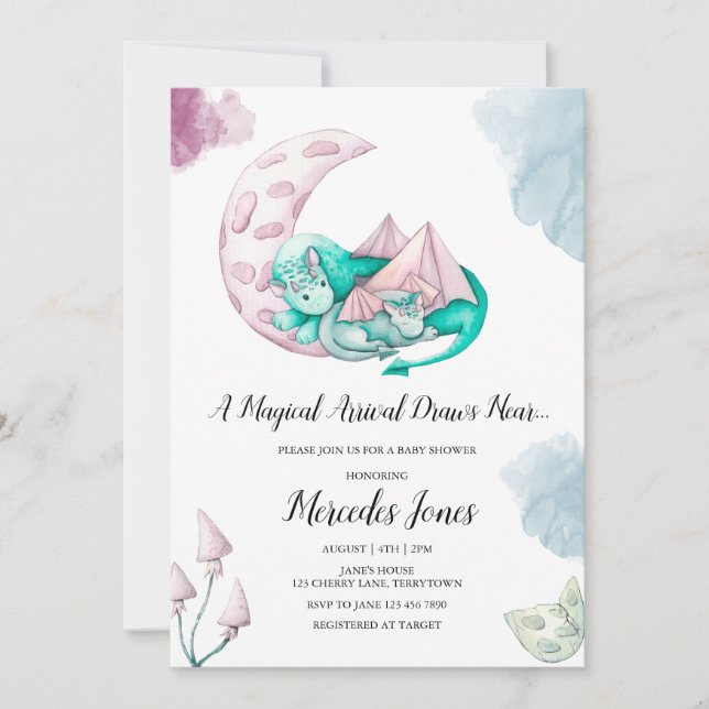 A Magical Arrival Draws Near Dragon Baby Shower Invitation (Front)