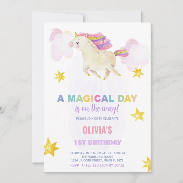 A Magical Day Unicorn Birthday Invitations (Front)