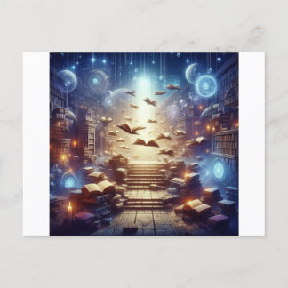 A magical library filled with floating books postcard