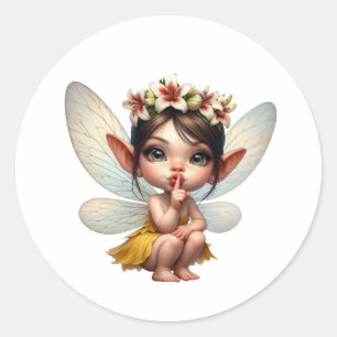 A magical little fairy crouching down classic round sticker