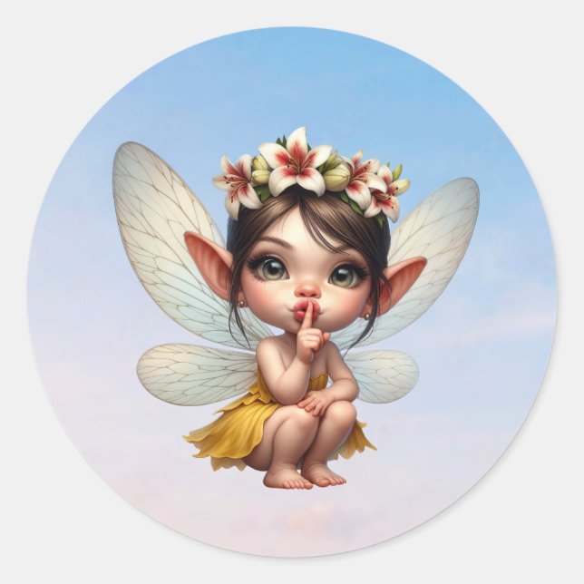 A magical little fairy crouching down classic round sticker (Front)