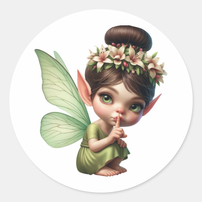 A magical little fairy crouching down classic round sticker (Front)
