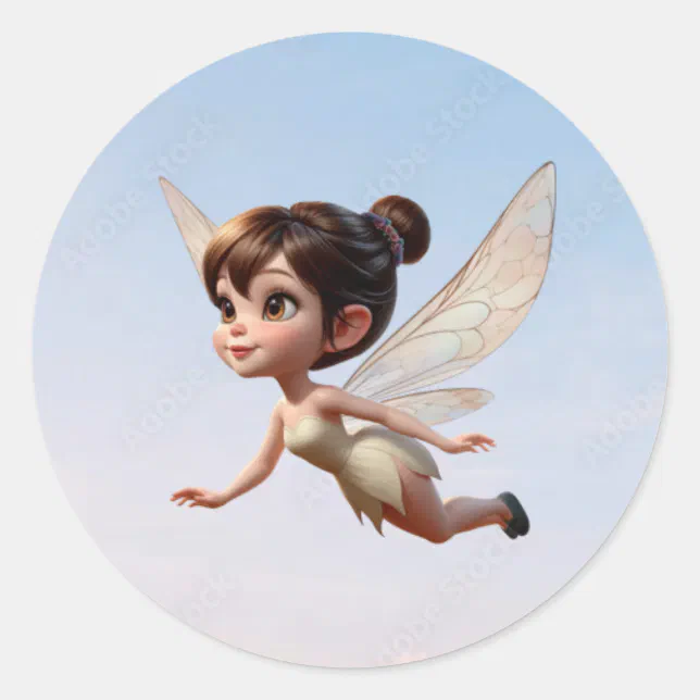 Fairy Flying Sticker A magical little Fairy flying in the air Classic Round Sticker | Zazzle