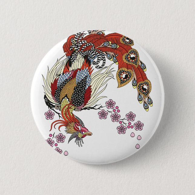a magical phoenix sitting on a blossom sakura button (Front)