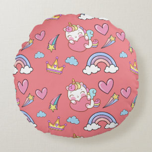 A Magical Rainbow Unicorn Pattern Birthday Party Round Pillow