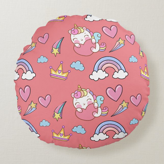 A Magical Rainbow Unicorn Pattern  Birthday Party Round Pillow (Front)