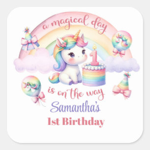 A Magical Unicorn and Rainbow 1st Birthday Party Square Sticker