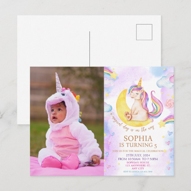 A Magical Unicorn and Rainbow Birthday Party Postcard (Front/Back)
