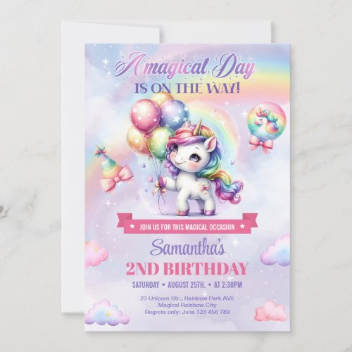 A Magical Unicorn and Rainbow girl 2nd Birthday Invitation