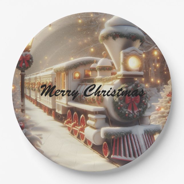 A Magical Winter Wonderland Christmas Train Paper Plates (Front)