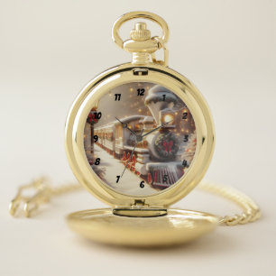 A Magical Winter Wonderland Christmas Train Pocket Watch