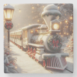 A Magical Winter Wonderland Christmas Train Stone Coaster
