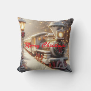 A Magical Winter Wonderland Christmas Train Throw Pillow