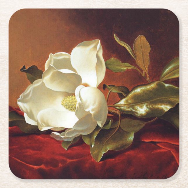 A Magnolia on Red Velvet, Square Paper Coaster (Front)