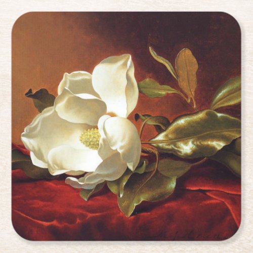 A Magnolia on Red Velvet Square Paper Coaster