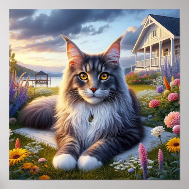 A Maine Coon Cat Resting in a Tranquil Countryside Poster (Front)