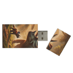 A majestic adult Triceratops Wood Flash Drive