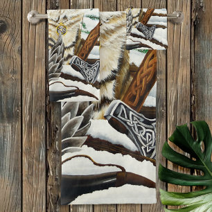 A majestic fantasy Norwegian Forest cat stands pro Bath Towel Set
