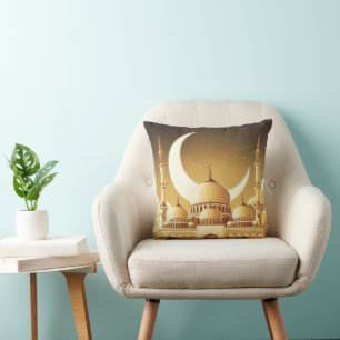 A Majestic Mosque Under the Crescent Moon Throw Pillow