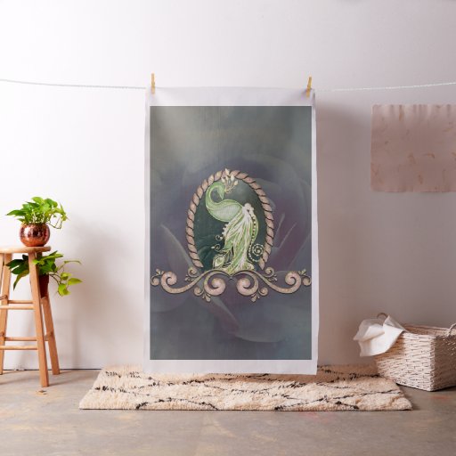 A majestic peacock in gold and green.  fabric