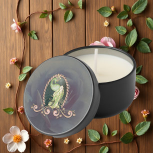 A majestic peacock in gold and green. mini candle favors