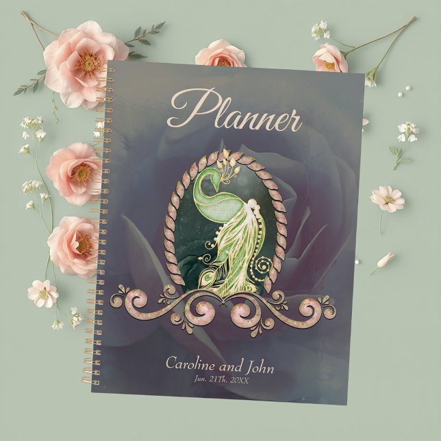 A majestic peacock in gold and green planner (Creator Uploaded)